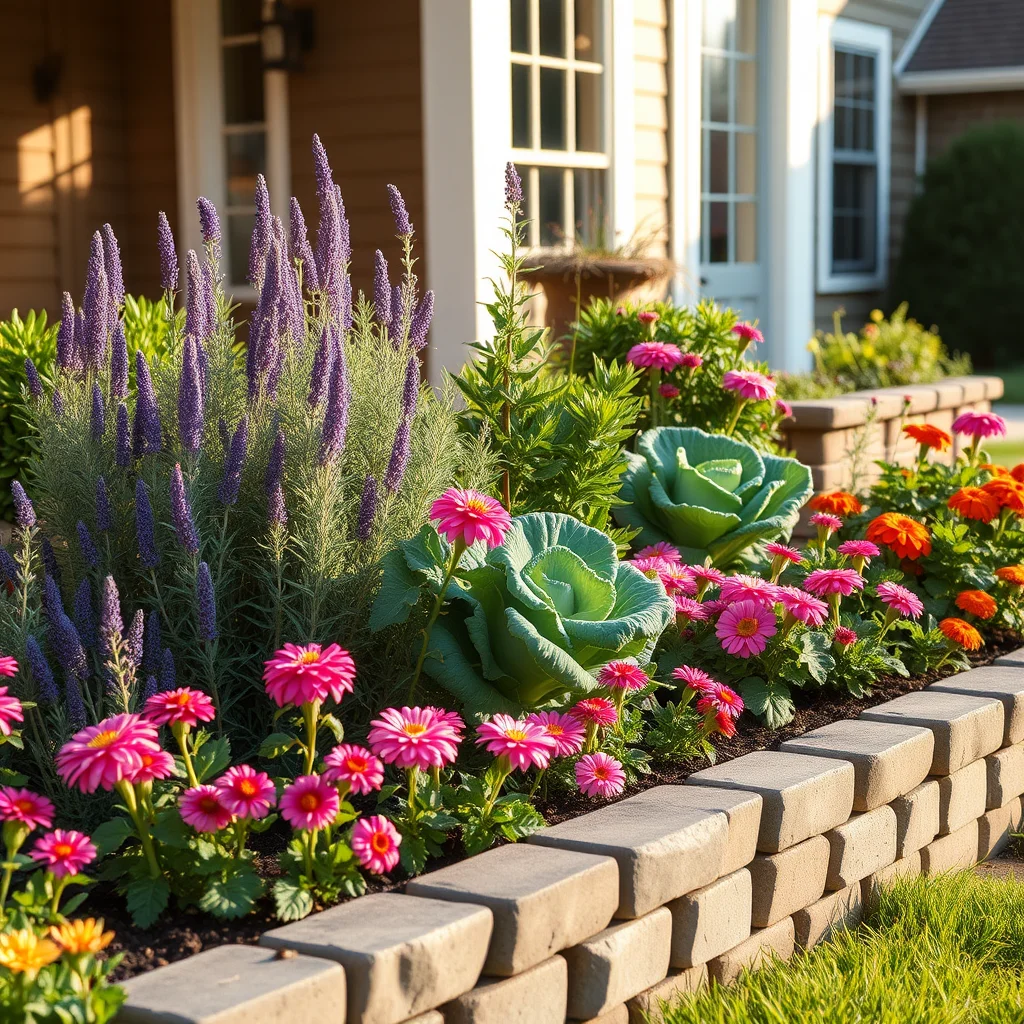 A creative flower bed design that mixes aesthetic flowers like zinnias with edible herbs like rosemary and kale.