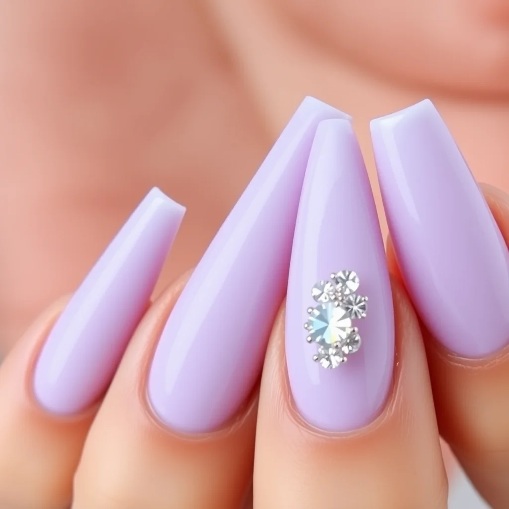 7 Spring Stiletto Nails Trends That Are Taking Over Pinterest Right Now 6 Sharp stiletto nails with a lavender polish and a cluster of crystals at the cuticle.