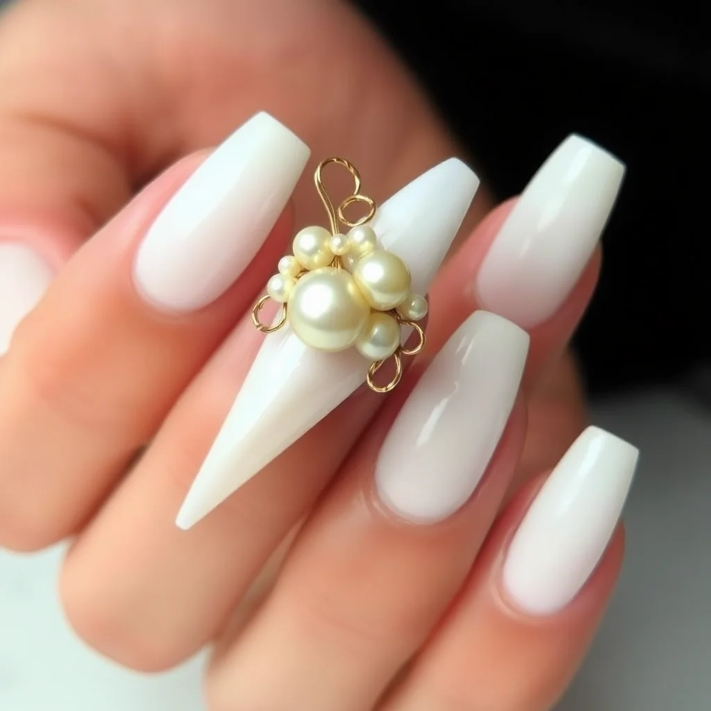 Stiletto nails featuring one decorative statement nail with a large baroque pearl and gold wire sculpture.