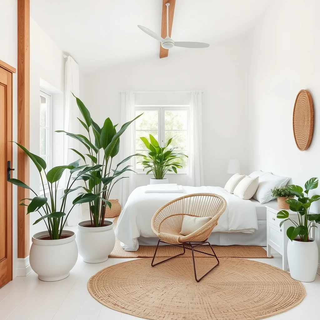A bright white bedroom decorated with natural wood furniture, a jute rug, and indoor plants to add organic warmth to the space.