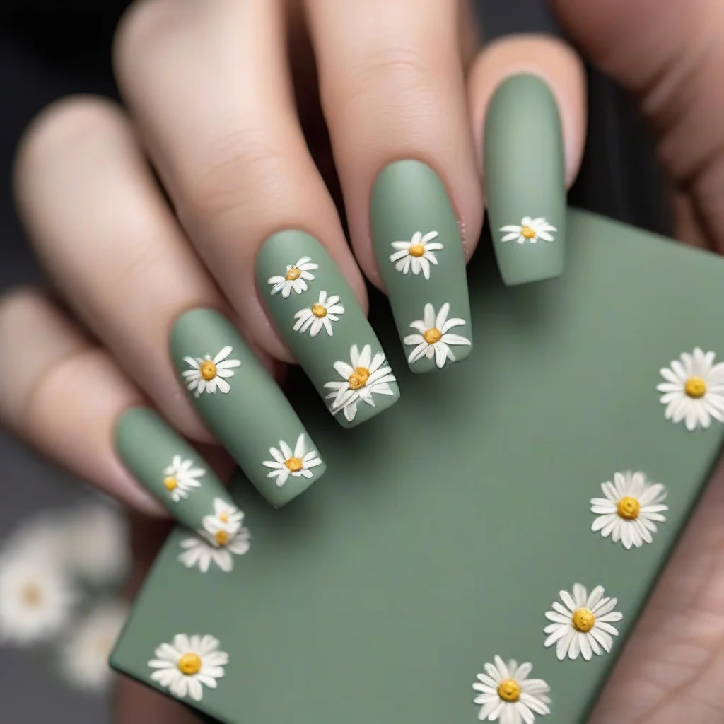 9 Viral Back to School Nail Art Trends to Ace Your Semester Style 6 Close-up of sage green coffin-shaped nails with delicate, hand-painted white daisies, held gracefully against the backdrop of an academic textbook.