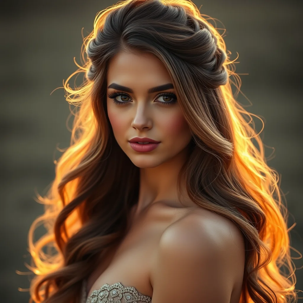 7 Lip Liner Tutorial Secrets for the Perfect Pout 6 A portrait of a woman wearing a half-up, half-down hairstyle with long, wavy brown curls, lit by the warm glow of a sunset.