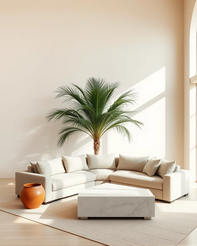 A minimalist living room with clean, modern lines, soft beige walls, and large indoor plants for a cozy, airy feel.