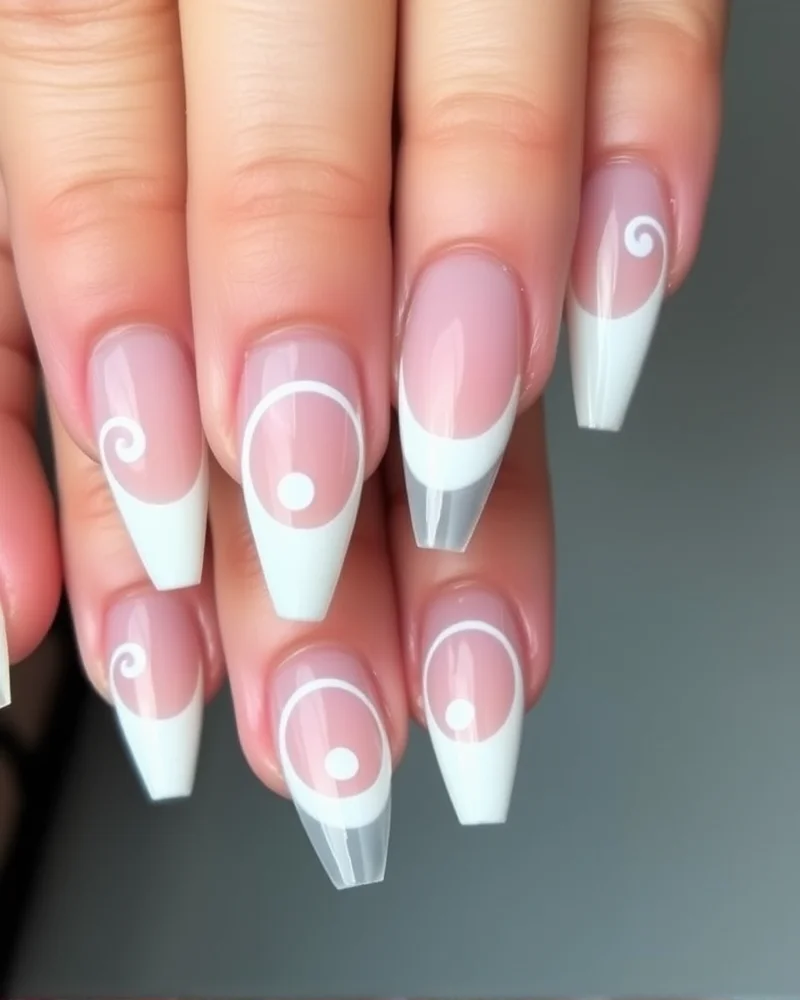 Stiletto nails showing a modern negative space design with crisp white abstract swirls.