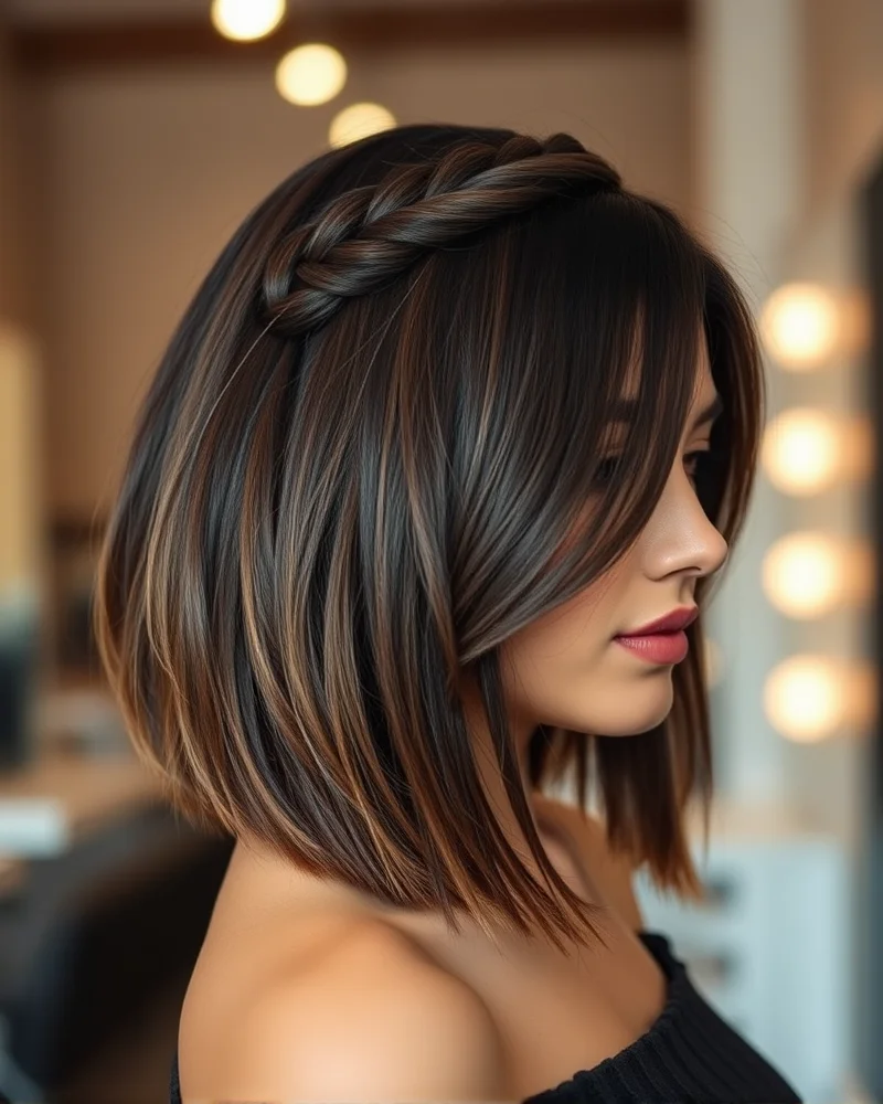 A stylish woman with a short, shoulder-length bob showcasing a clean and tight waterfall braid.