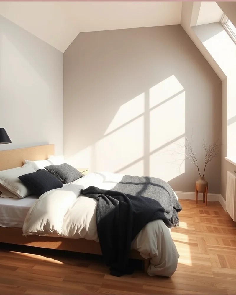 A calm, neutral Japandi bedroom featuring greige walls, cream and charcoal bedding, and soft natural sunlight streaming onto wooden floors.