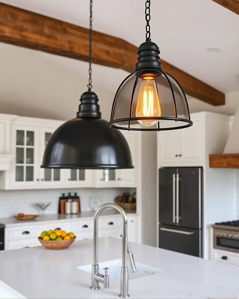 7 Viral Farmhouse Kitchen Decor Trends That Will Transform Your Home 6 Two large matte black dome pendant lights hanging over a kitchen island, casting a warm glow onto the marble countertop below.