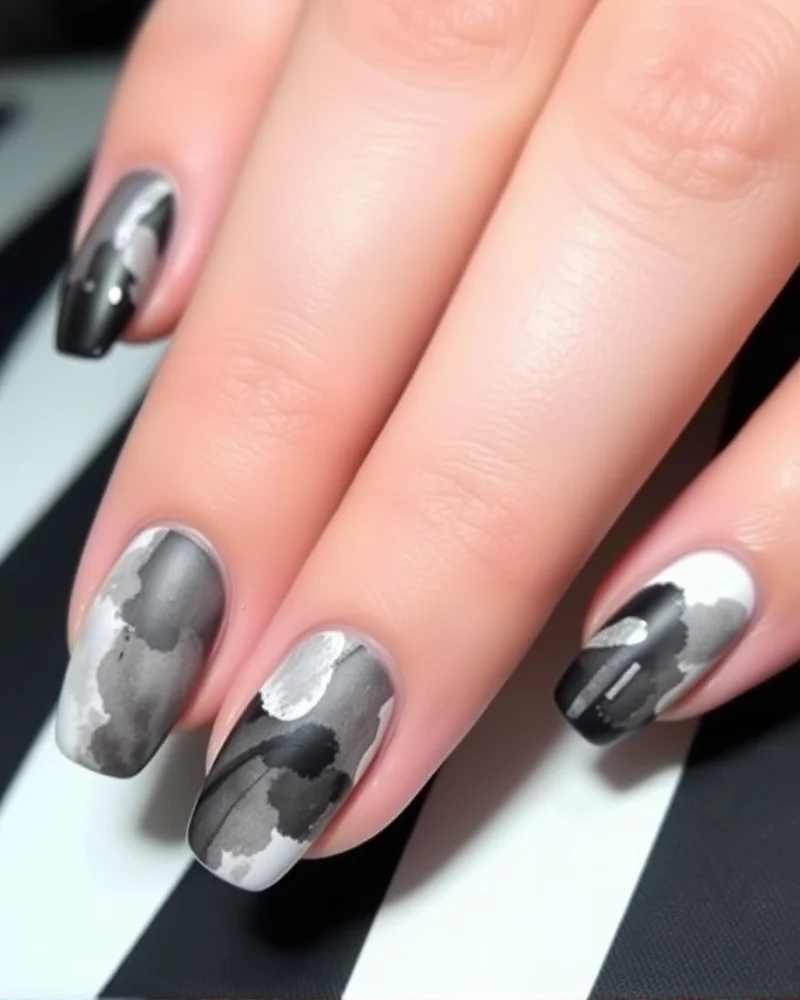 7 Dreamy Watercolor Nail Art Designs You Need to Try This Season 6 Short, rounded nails painted with a monochrome grey and black abstract watercolor design, finished in a luxurious velvet-matte texture.