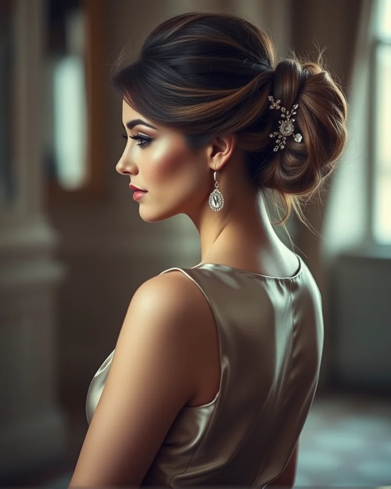 7 Effortless Messy Bun Hairstyle Hacks for an Instant Glow-Up 6 A woman with an elegant, messy bun styled with subtle hair jewels. The lighting is romantic and soft, suggesting a formal evening look.