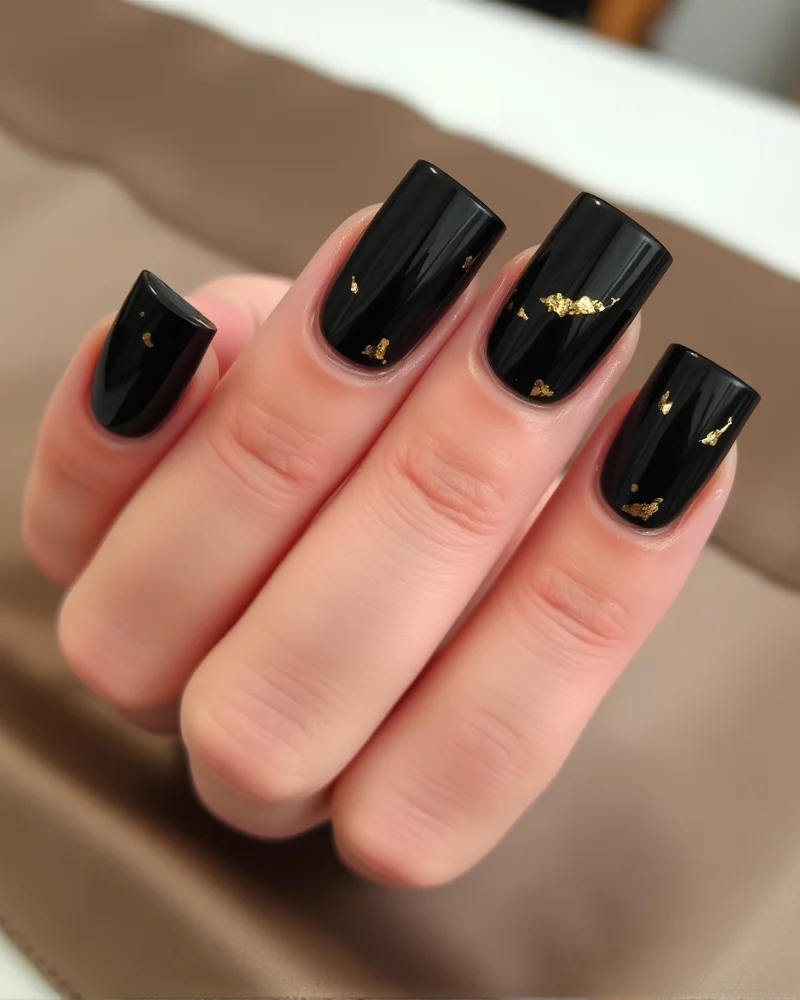 Long square-shaped black nails accented with delicate, irregular gold leaf flakes that catch the light, held against a luxury silk backdrop.