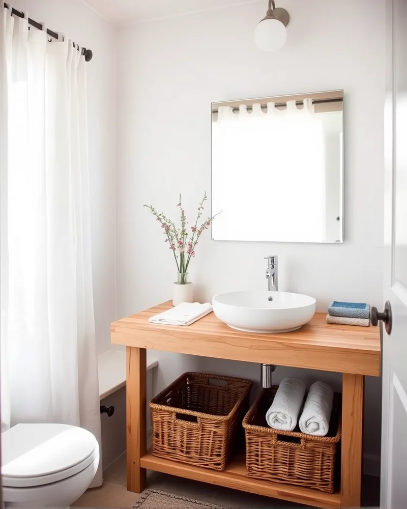 A breezy, bohemian bathroom vanity with open shelving and organized storage baskets, emphasizing a natural, light feel.