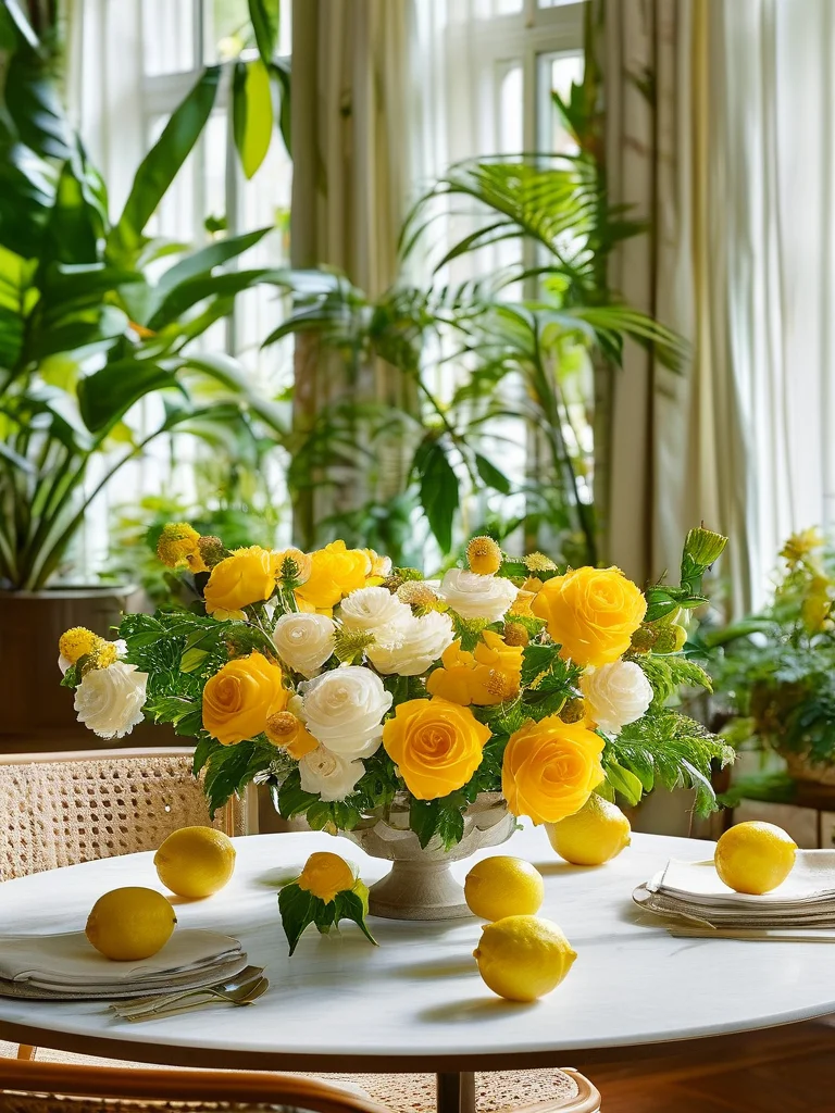 A chic brunch setting in a bright sunroom with a round table featuring a lush floral arrangement of yellow roses, white hydrangeas, and green foliage, artfully blended with whole and half-cut lemons at its base. The room has natural light and wicker furniture.