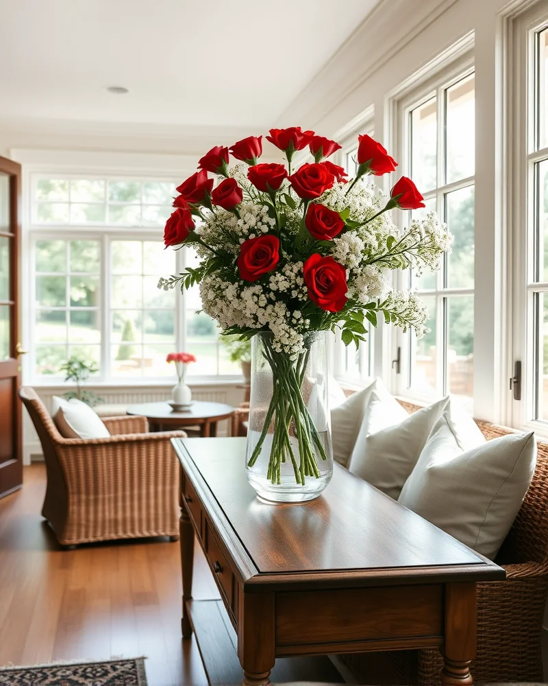 A sunlit sunroom featuring a console table with an arrangement of faux red roses mixed with real baby's breath, creating a beautiful and long-lasting floral display.