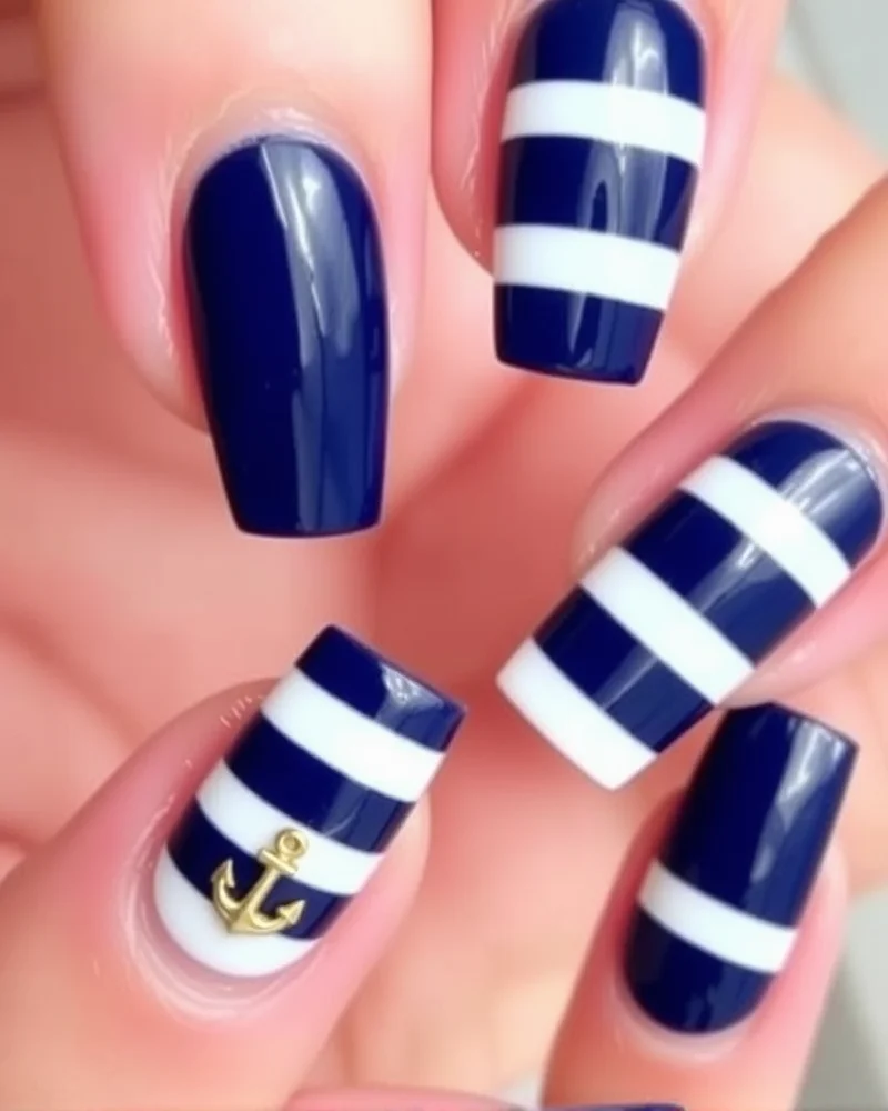7 Beach Nail Art Designs That Are Trending This Summer 6 Square nails with classic navy blue and white stripes and a tiny gold anchor accent.