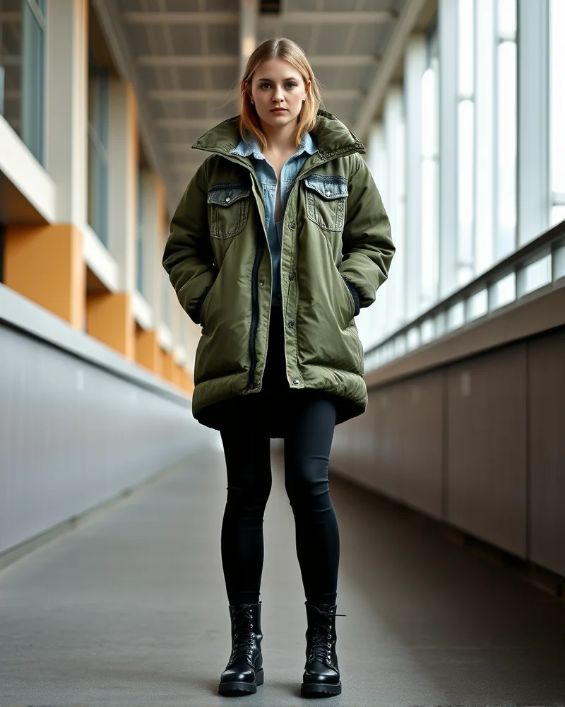 A woman demonstrating the 'double jacket' layering technique with a denim jacket and puffer coat.