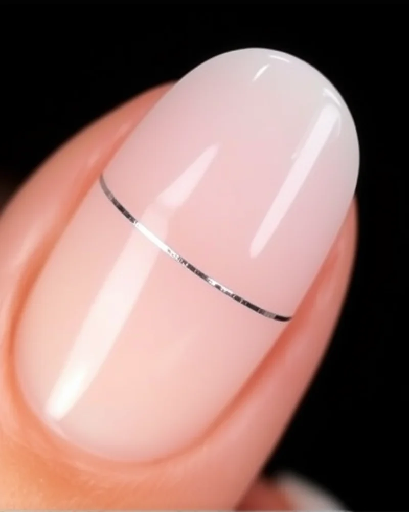 Almond nails with a milky white base and thin, minimalist silver chrome lines drawn horizontally.