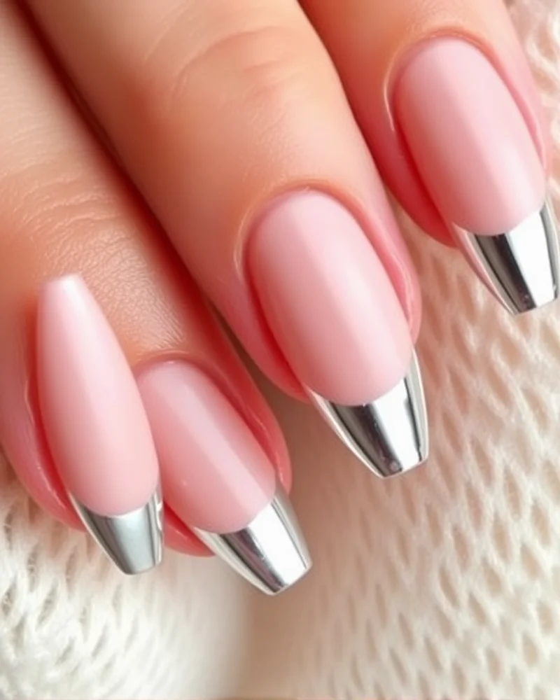 10 French Tip Nail Designs That Will Define Your Aesthetic This Year 6 Almond nails featuring a matte nude base contrasted by reflective silver chrome French tips.