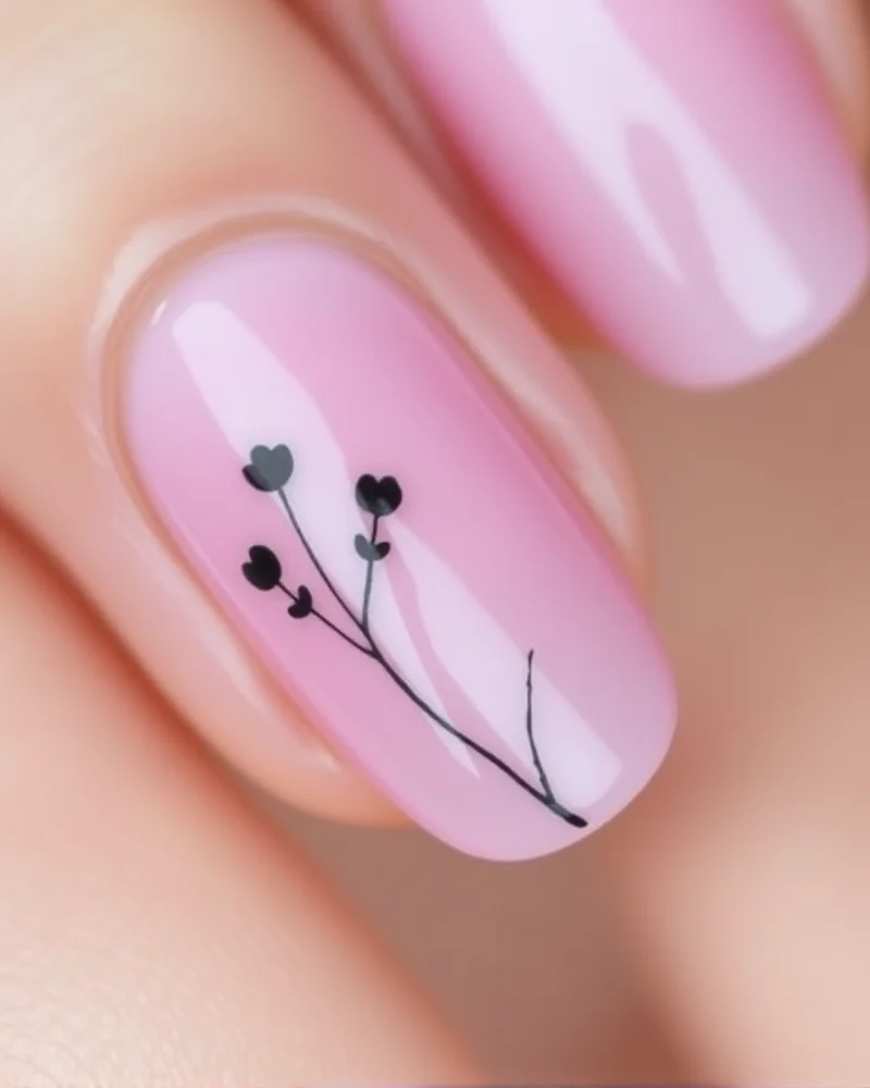 Oval nails painted in a sheer pink with tiny, delicate black wildflower illustrations on a single nail.