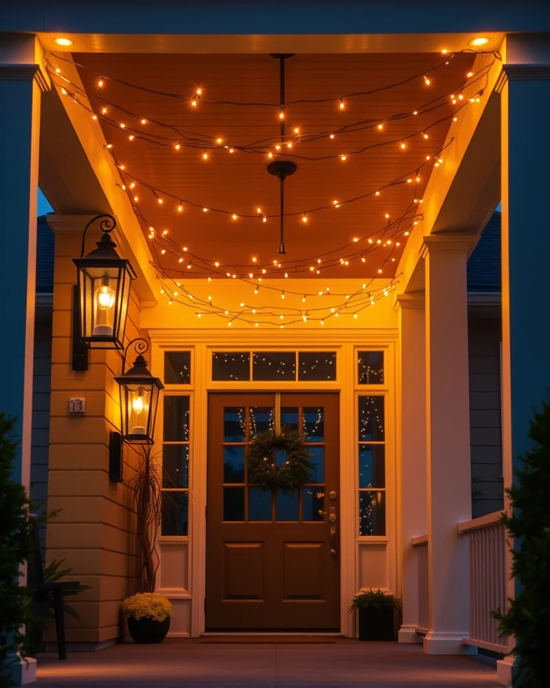 9 Summer Front Porch Decor Ideas That Will Make Your Neighbors Jealous 6 A warm, softly lit front porch in the evening, featuring modern lantern sconces and subtle string lighting that creates an inviting, cozy atmosphere.