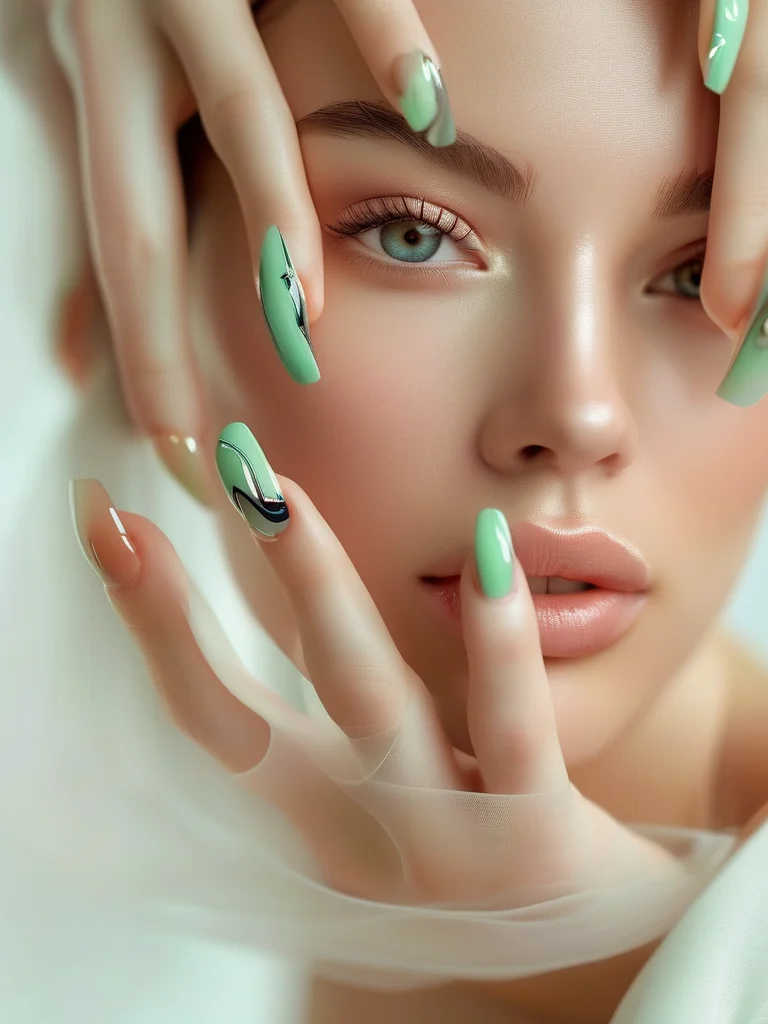 Long stiletto nails with a high-gloss clear base, adorned with abstract swirls in soft mint green and peach. These elements form a deconstructed, negative space French tip, showcasing a modern and artistic spring design.