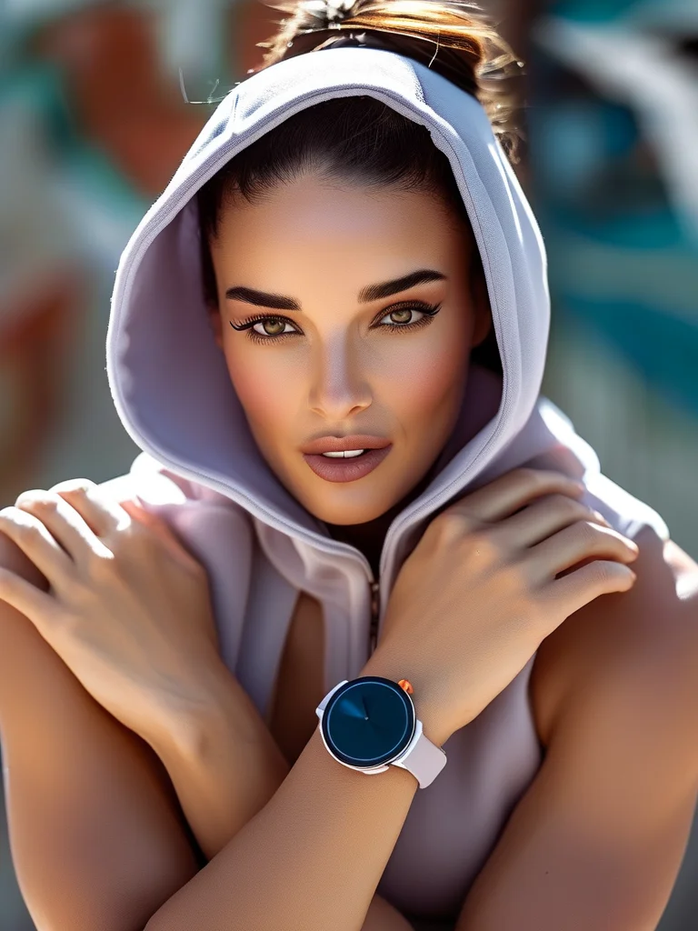 A woman in a stylish athleisure outfit, consisting of a lilac cropped hoodie, black cycling shorts, and chunky white sneakers. On her wrist, she wears a sleek fitness tracker-style bracelet and a minimalist watch, set against a vibrant graffiti backdrop.