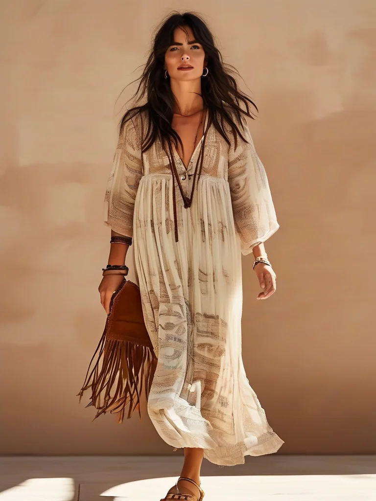 A woman wears a boho-inspired baseball game outfit featuring a printed midi-dress, denim jacket, and espadrille wedges.