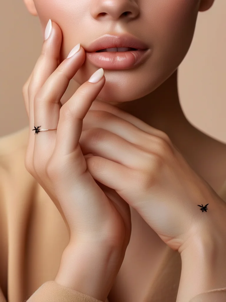Close-up of a woman's short natural square nails with a glossy clear base. On the middle and ring fingers, delicate outlines of butterfly wings are meticulously drawn in fine black lines, creating a clean, modern, and minimalist nail art design.