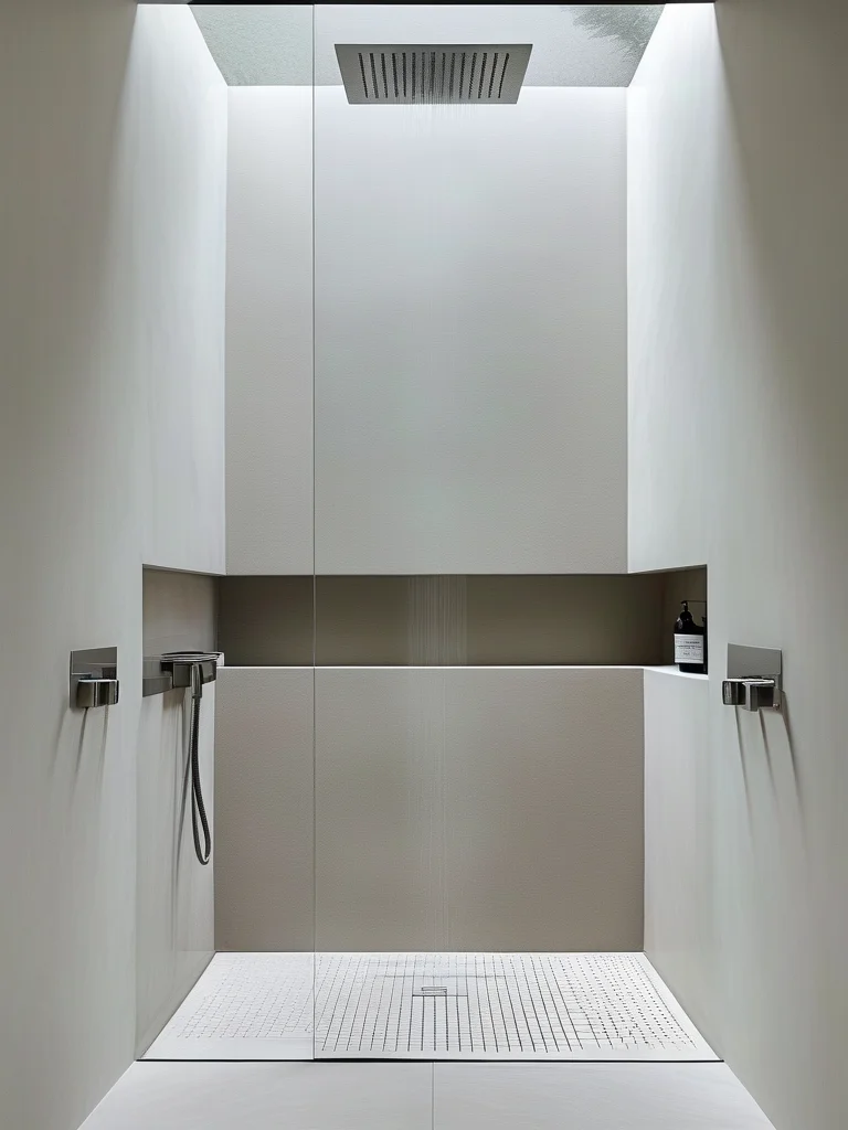 A minimalist small bathroom featuring a spacious-looking curbless walk-in shower with a single frameless clear glass panel. Light textured grey tiles flow continuously from the bathroom into the shower, enhancing the open feel, illuminated by natural light from a skylight.