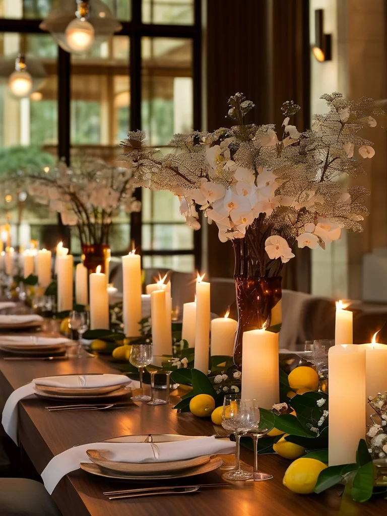 An intimate dinner party table in a sophisticated dining room, showcasing a centerpiece of white pillar candles of varying heights, nestled amidst fresh lemon leaves, small whole lemons, and delicate white flowers. The setting features dark wood and warm, ambient lighting.