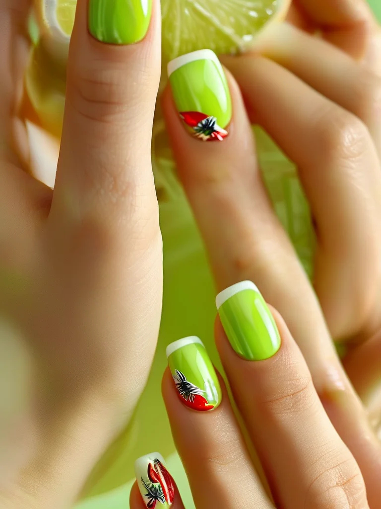Short, glossy round nails with a vibrant lime green base. One accent nail is adorned with a tiny, hand-painted red chili pepper, and another has a subtle white lime zest swirl.