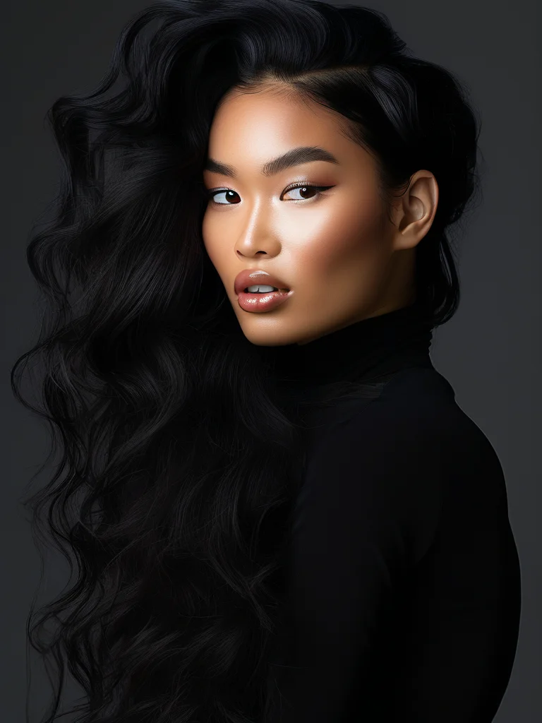 A fashion editorial portrait of a woman featuring a dramatically styled, high raven-black ponytail. The thick, glossy hair showcases incredible volume and cascades down her back, captured under high-key lighting.