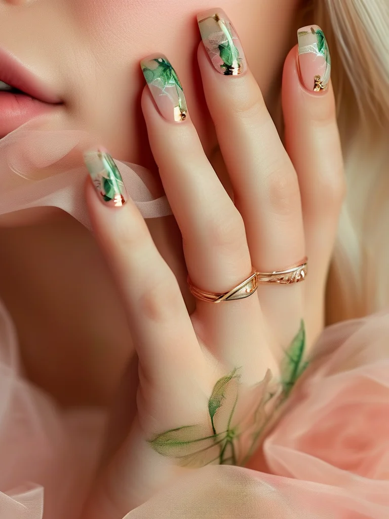 7 Unforgettable Spring Nail Ideas 2026: The Luxury Editor's Picks 7 Extreme macro close-up of a woman's hand with long, glossy squareletto nails. The nails display delicate, translucent watercolor-style floral motifs in soft pink, peach, and green, creating a diffused, artistic bloom effect on each nail.