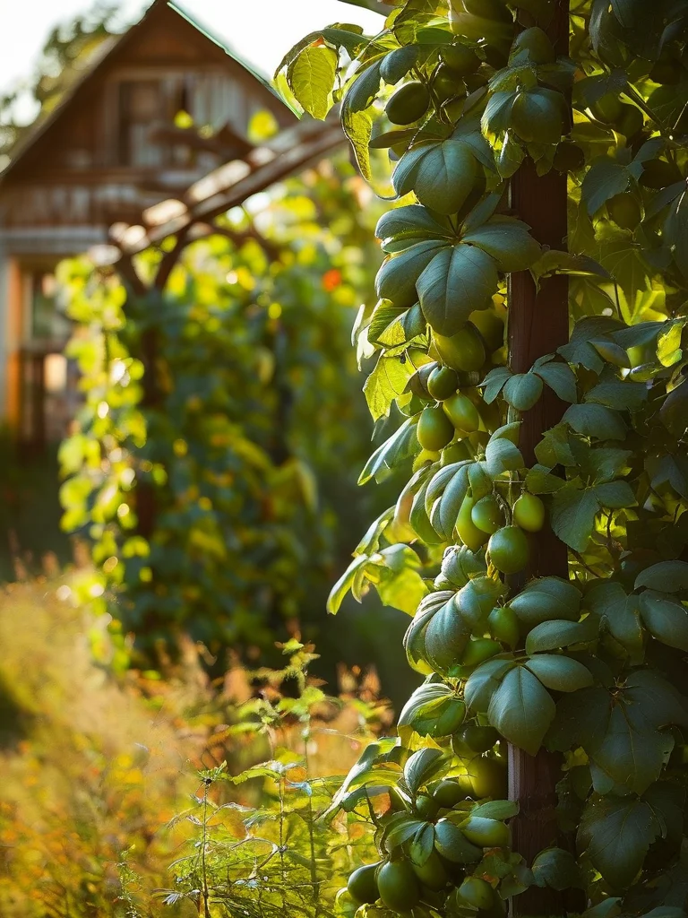 A classic rustic A-frame timber trellis in a vibrant summer vegetable garden, fully loaded with cucumbers and green leaves under a warm sun.