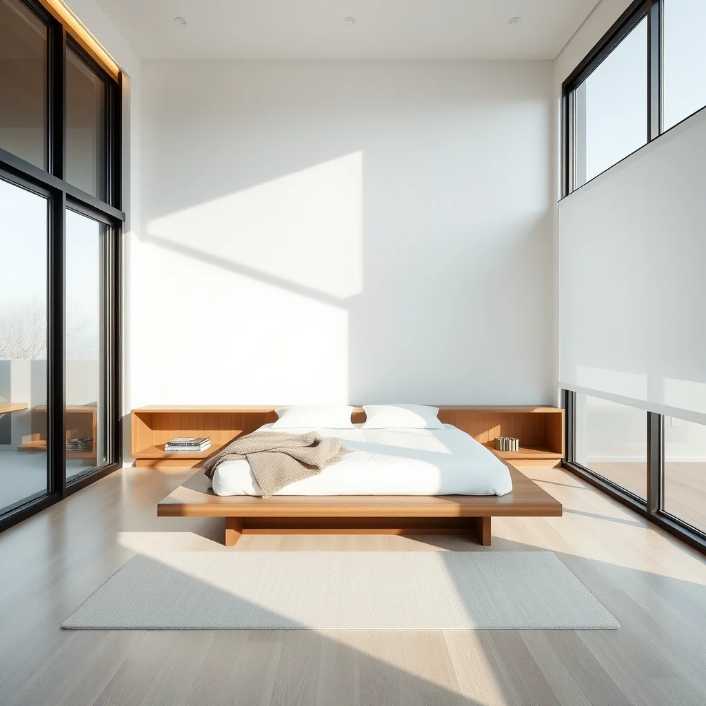 A minimalist, modern bedroom with clean, sharp lines, neutral bedding, and a very sparse, orderly aesthetic.