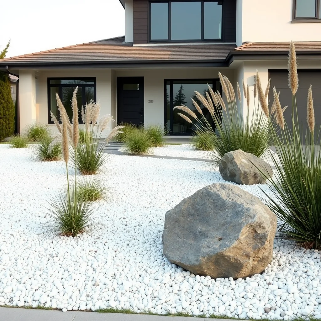 A modern, minimalist garden featuring white gravel beds and ornamental grasses for a clean, sophisticated look.