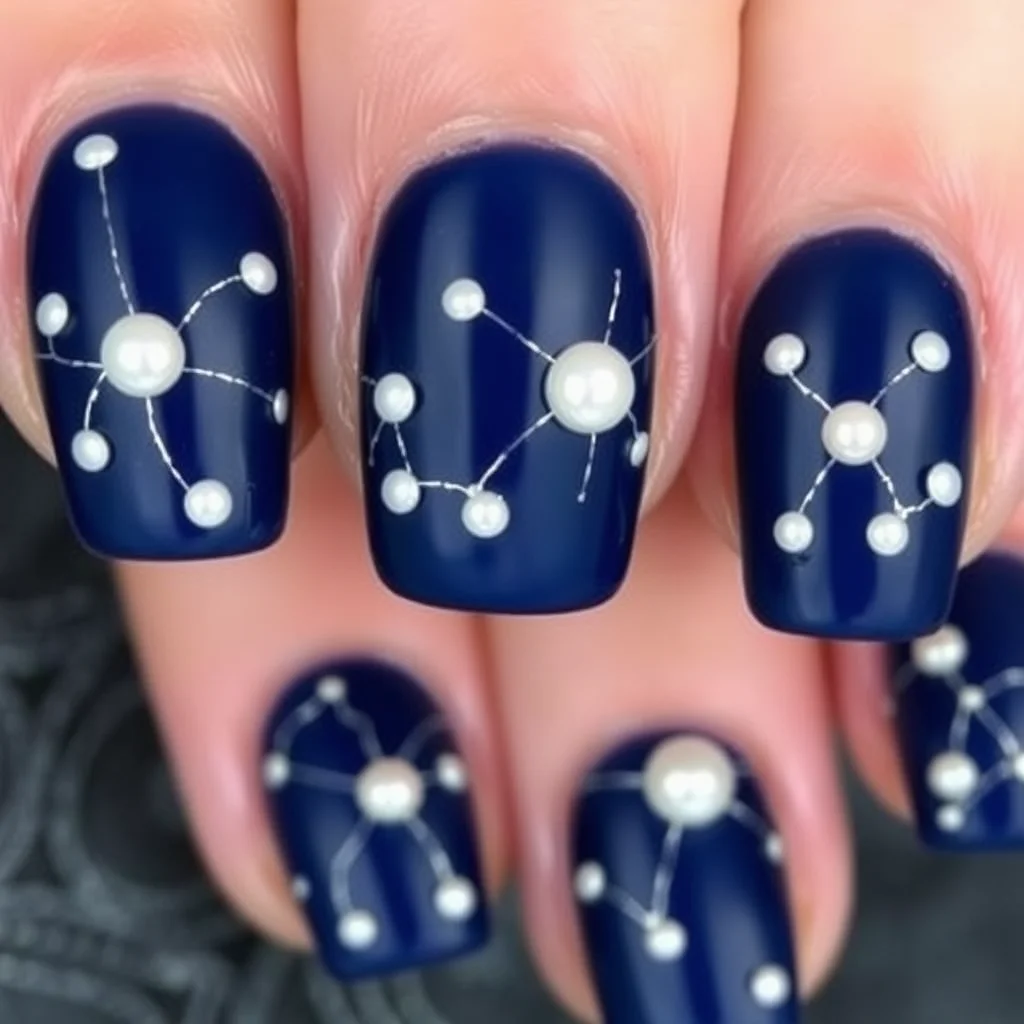 Short square nails in midnight blue with tiny pearls arranged to look like star constellations.