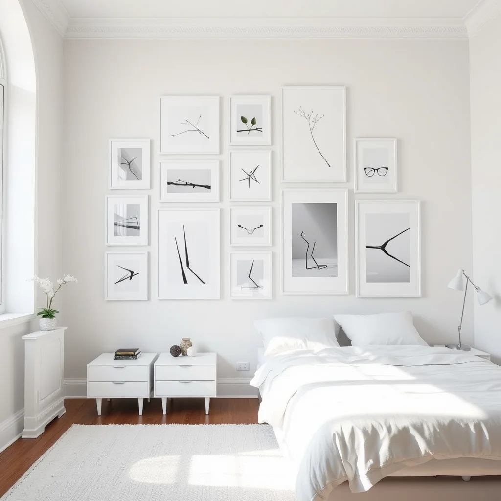A gallery wall with minimalist, monochromatic art pieces framed in white, hanging above a simple white dresser in a bright bedroom.