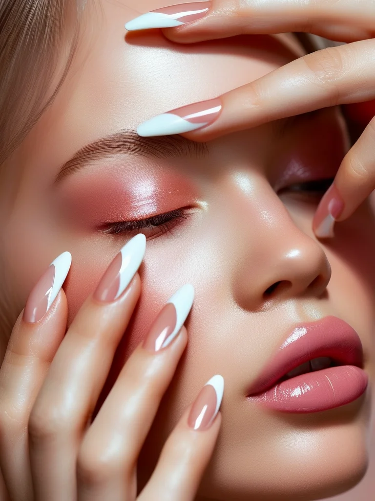 Mid-length oval nails with a glossy translucent nude base and classic white French tips. A sheer layer of iridescent glitter gel subtly overlays the tips, creating a magical, sparkling veil effect for spring.