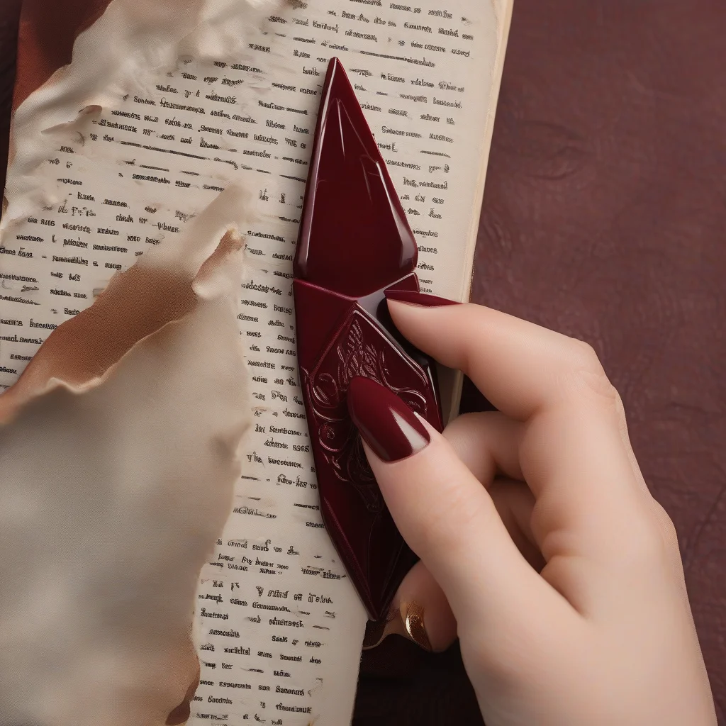 9 Viral Back to School Nail Art Trends to Ace Your Semester Style 7 A close-up of sharp, stiletto-shaped nails in a deep, glossy oxblood red, held near a vintage leather bookmark for a classic Dark Academia vibe.