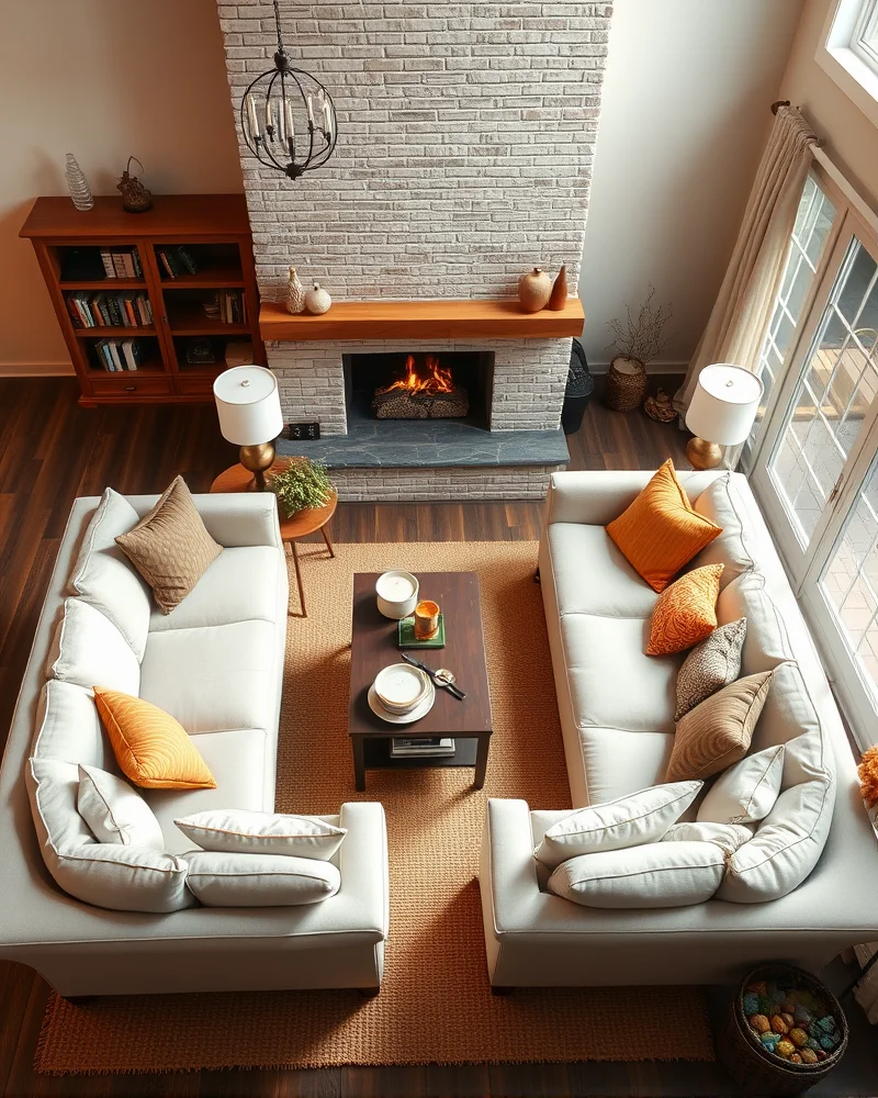An inviting living room layout with sofas facing each other to create a cozy, intimate conversation area around a fireplace.