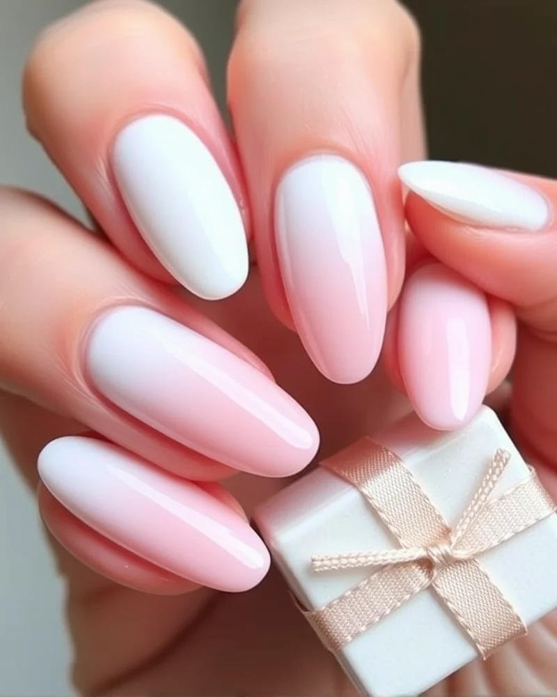 Almond nails featuring a soft, seamless gradient from milky white to rose quartz pink.