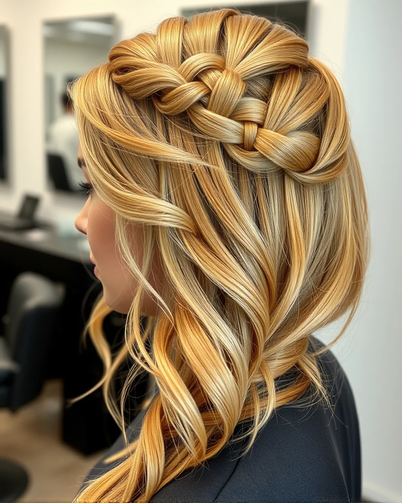 An intricate look showing a double-layered waterfall braid on honey-blonde hair, captured in an elegant studio portrait.