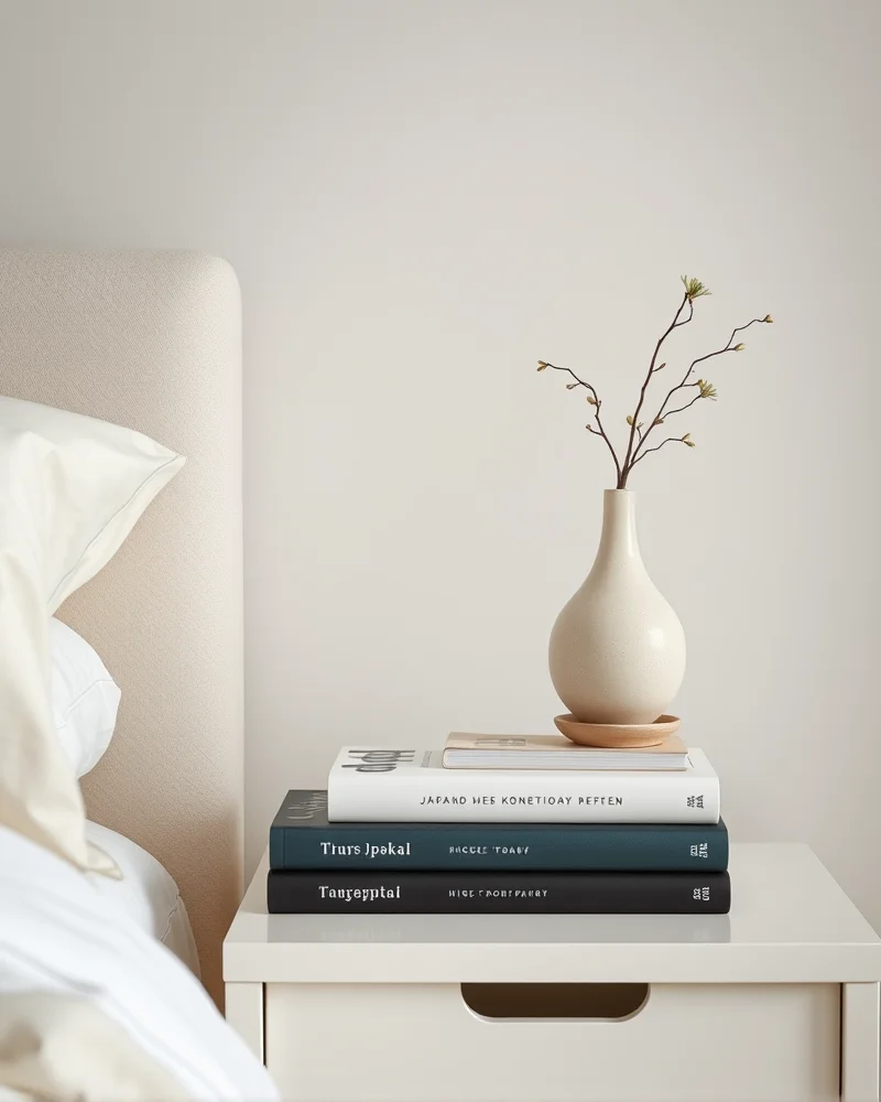 A minimalist bedside table detail featuring a unique ceramic vase and a few books against a soft, muted wall, highlighting intentional decor.