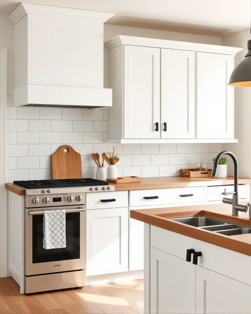 7 Viral Farmhouse Kitchen Decor Trends That Will Transform Your Home 7 A clean, bright kitchen showcasing classic white shaker-style cabinets accented with matte black hardware and light wooden countertops.