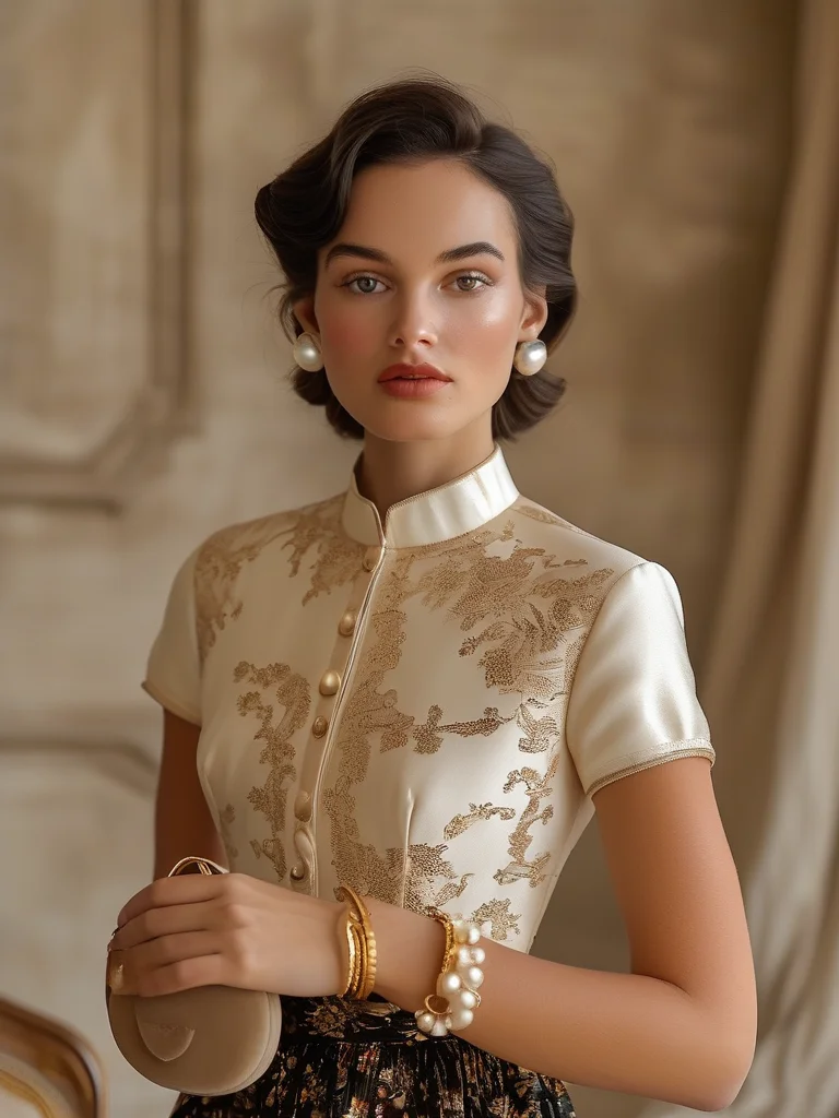A woman in a sophisticated cream silk blouse and a dark floral midi skirt, wearing an ornate gold bangle with filigree and a delicate pearl bracelet on her wrist. The vintage-inspired jewelry complements her elegant, heirloom-like aesthetic in a softly lit room.