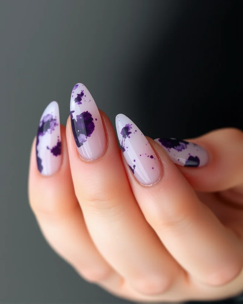 7 Dreamy Watercolor Nail Art Designs You Need to Try This Season 7 Stiletto nails featuring a negative space aesthetic with watercolor ink blots in shades of deep purple and indigo at the edges.