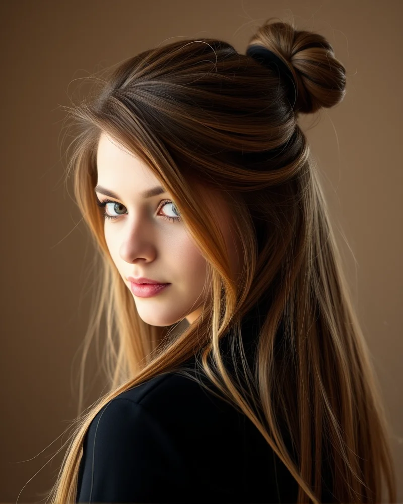 7 Effortless Messy Bun Hairstyle Hacks for an Instant Glow-Up 7 A person with long, straight hair styled with a messy half-up top knot. The hair is smooth and well-maintained, with a casual top-knot bun.