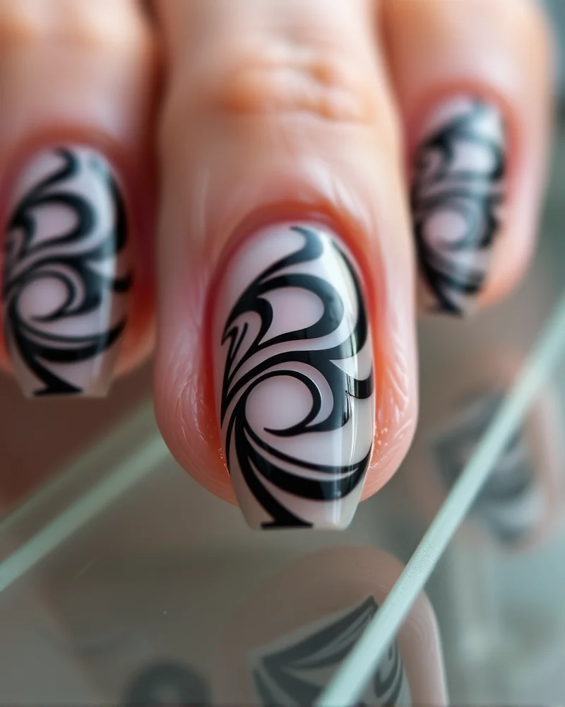 Almond-shaped nails featuring complex, sharp black geometric swirl patterns with clear negative space between the lines.
