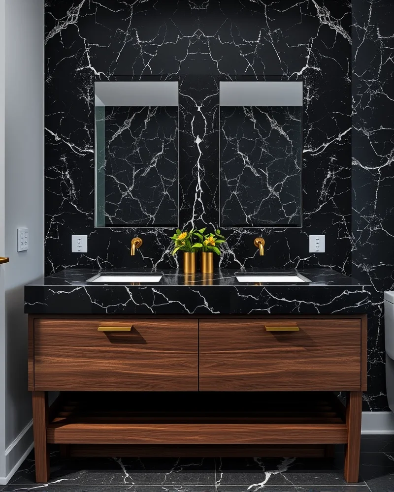 A luxurious vanity featuring a thick marble countertop with dramatic veining, paired with dark oak cabinetry.