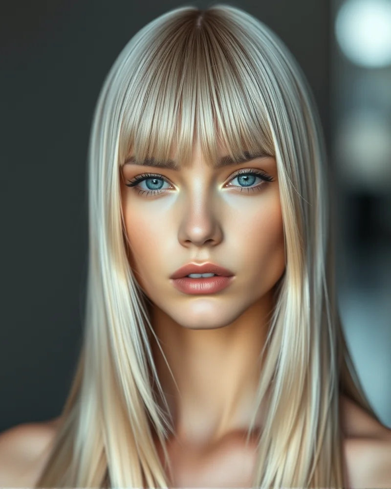 7 Viral Face Framing Highlights That Will Instantly Brighten Your Complexion 7 A portrait of a model with cool-toned ash blonde hair and striking white-platinum face framing highlights, creating an edgy, minimalist look.
